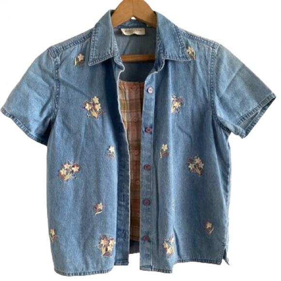 Vintage Lemon Grass Embroidered Short Sleeve Denim Button Up Raised Flower Plaid - Picture 1 of 9